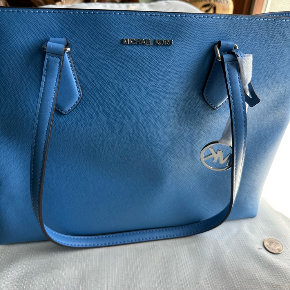 Michael Kors Blue Structured Tote with Metallic Logo